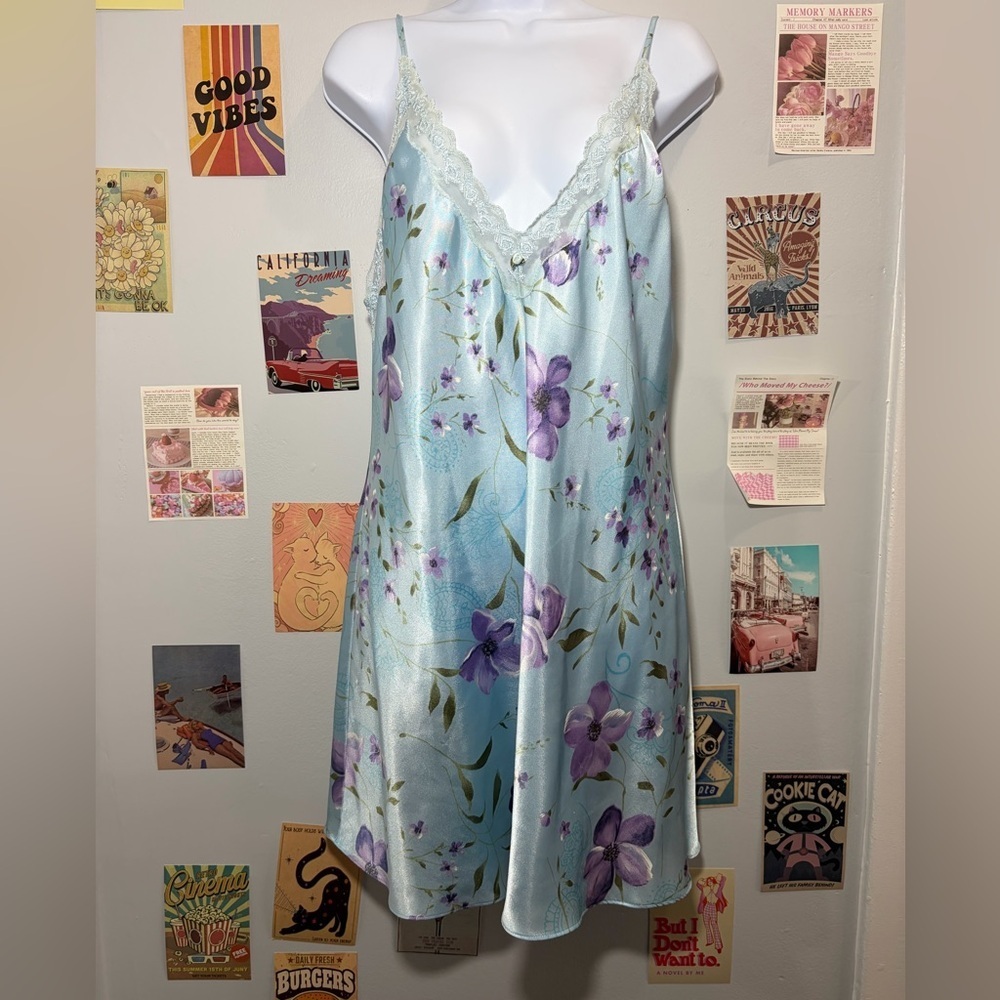 Expressions Light Blue Slip Dress with Purple Floral Print